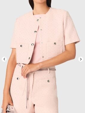 Maje Pale Pink Tweed Short-Sleeve Jacket & High-Waist Pants Set